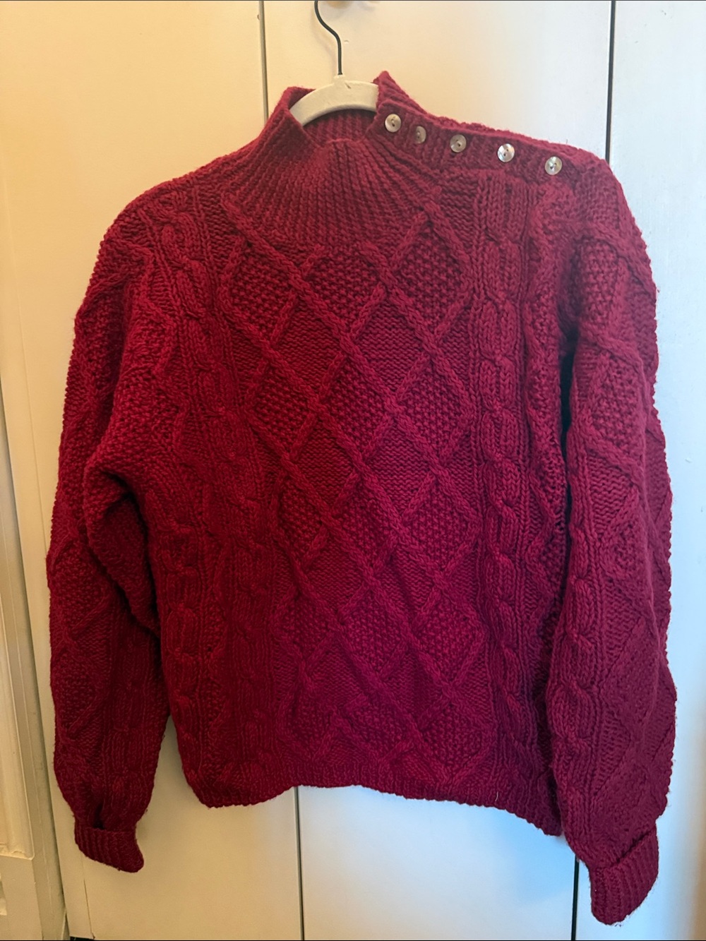 Talbots Red Wool Cable Knit Turtleneck Sweater with Shoulder Buttons